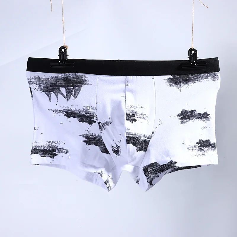 

4 pieces/lot Men's boxer shorts, mountain ink painting, breathable Hong Kong style, trendy boxer shorts for boys