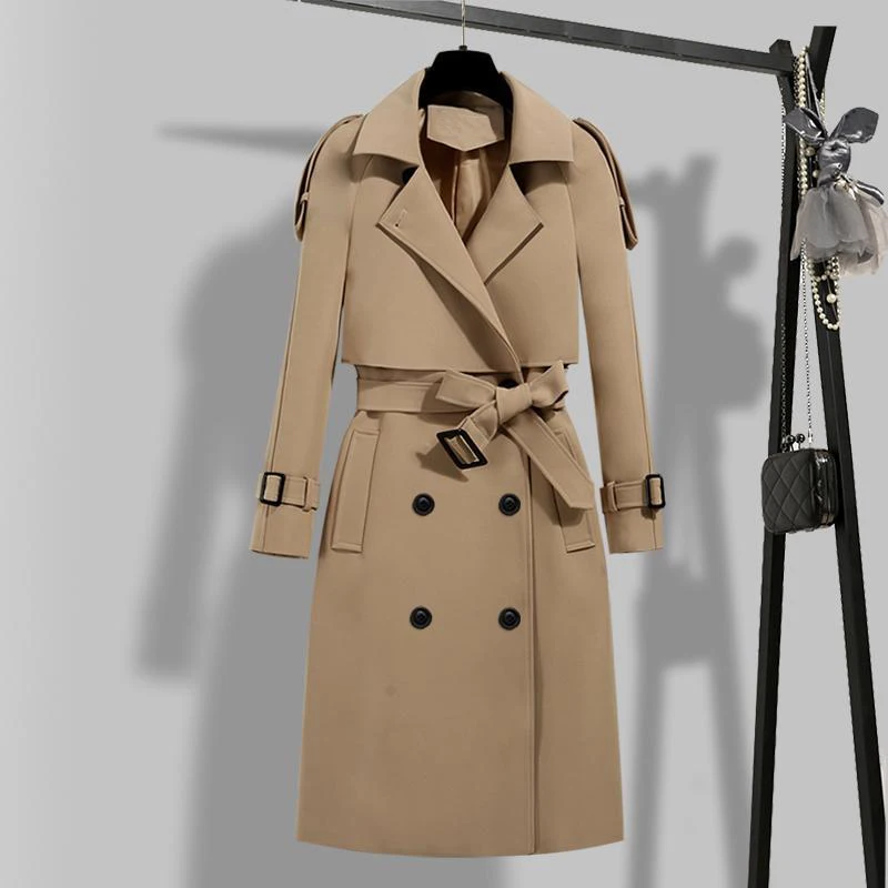 

New Autumn Winter Elegant Women Double Breasted Solid Trench Coat Vintage Turn-down Collar Warm Trench with Belt Dropshipping