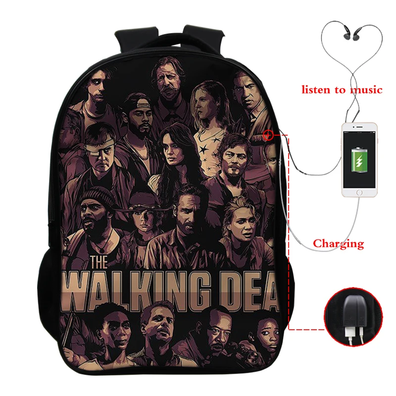 Backpack 1 16 дюймов рюкзак Ходячие мертвецы Школьные сумки Дети пользовательский дизайн рюкзак обратно в школу комплект usb зарядка туристический рюкзак сумка - Цвет: Backpack 1