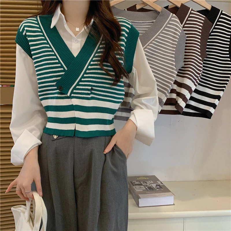 

Жилетка в полоску с вязаным жилетом для женщин на весну и осень 2021 новый складной осенний свитер и универсальный короткий жилет
