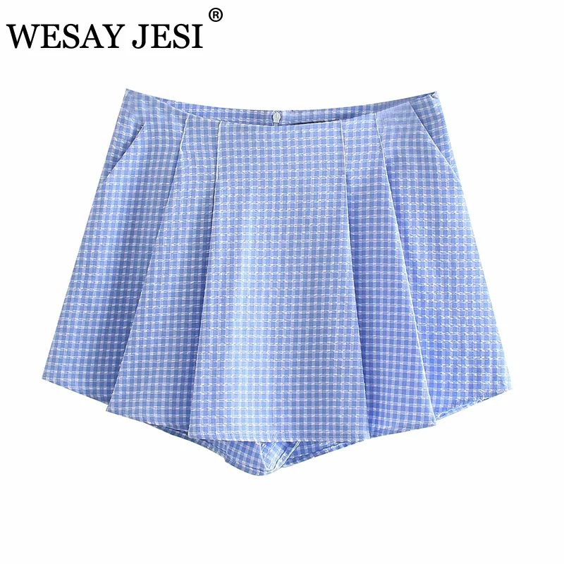 

WESAY JESI 2021 летние Новый стиль и короткой юбки; Модное Плиссированное украшение голубого решетчатый набор посадка темперамент повседневные ш...