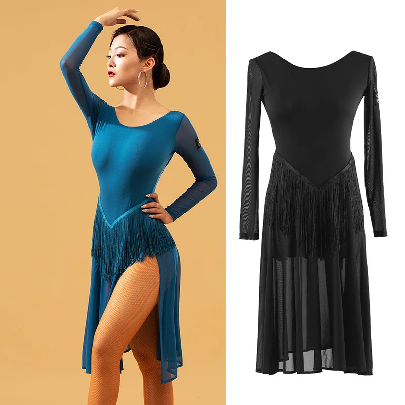 Женское платье для латиноамериканских танцев откровенное с длинным рукавом и