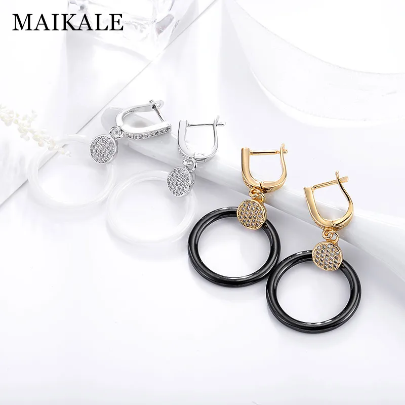 MAIKALE, классические круглые керамические висячие серьги, медь AAA, кубический цирконий, золото, серебро, большие серьги для женщин, подарки для друзей