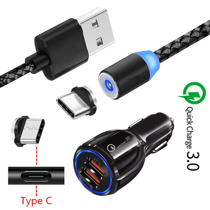 EU charger and cable For Samsung galaxy A50 A20 M40 Xiaomi Mi9 Redmi Note 7 Nokia 8.1 OnePlus 7 Pro Magnetic Type C Cable QC 3.0 USB Fast Car charger - Plug Type: EU charger and cable