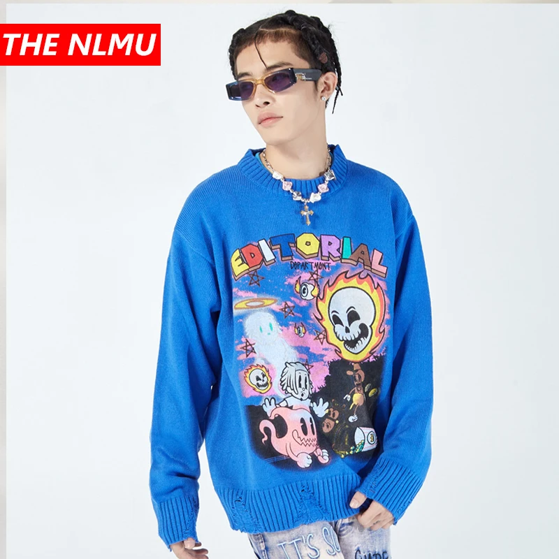 

Loose Cartoon Graffiti Knitted Jumper Sweaters Streetwear Men 2021 Hip Hop Harajuku Casual Pullover Knitwear Tops Oversize WQ775