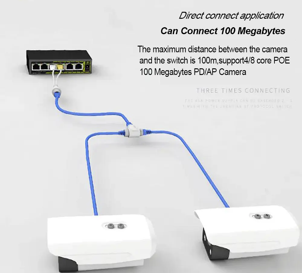 Сетевой разветвитель POE 2 в 1 соединитель кабеля трехсторонний RJ45 для HD IP-фонарей |