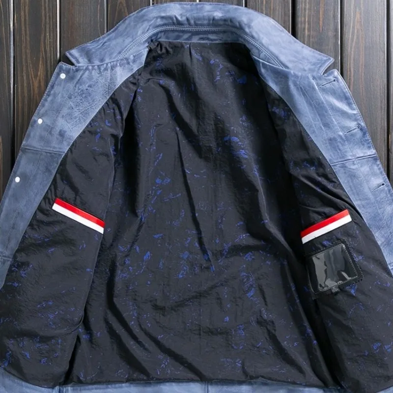 

Leather Men Classic Real Jacket Single Breasted Retro Casual Biker Cow Leather Coat Multi-Pockets Blue Cargo Coats Oversize 4XL