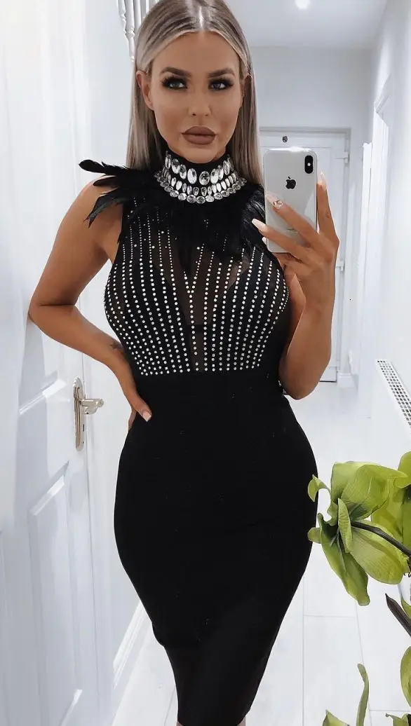 Tobinoone, женское платье с перьями, Vestidos Verano, черное перо, сексуальное, с бриллиантами, Клубная одежда, бодикон, вечерние платья знаменитостей