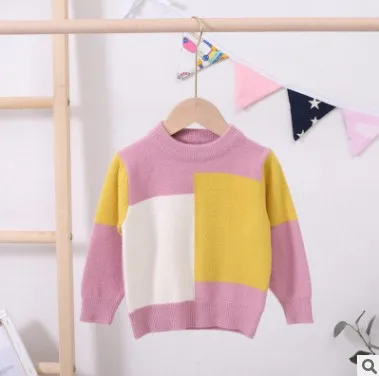 Autumn Winter Toddler Boys Sweater Baby Knitwear Tops Plaid Patchwork Kids Pullover Girls Clothes RT163 - Цвет: purple yellow beige