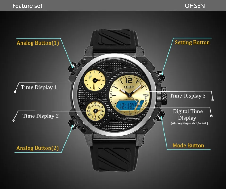 OHSEN брендовые Цифровые кварцевые мужские модные наручные часы montre homme два зоны