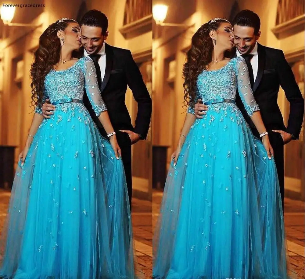 Синее кружевное арабское платье для выпускного вечера ТРАПЕЦИЕВИДНОЕ женское с