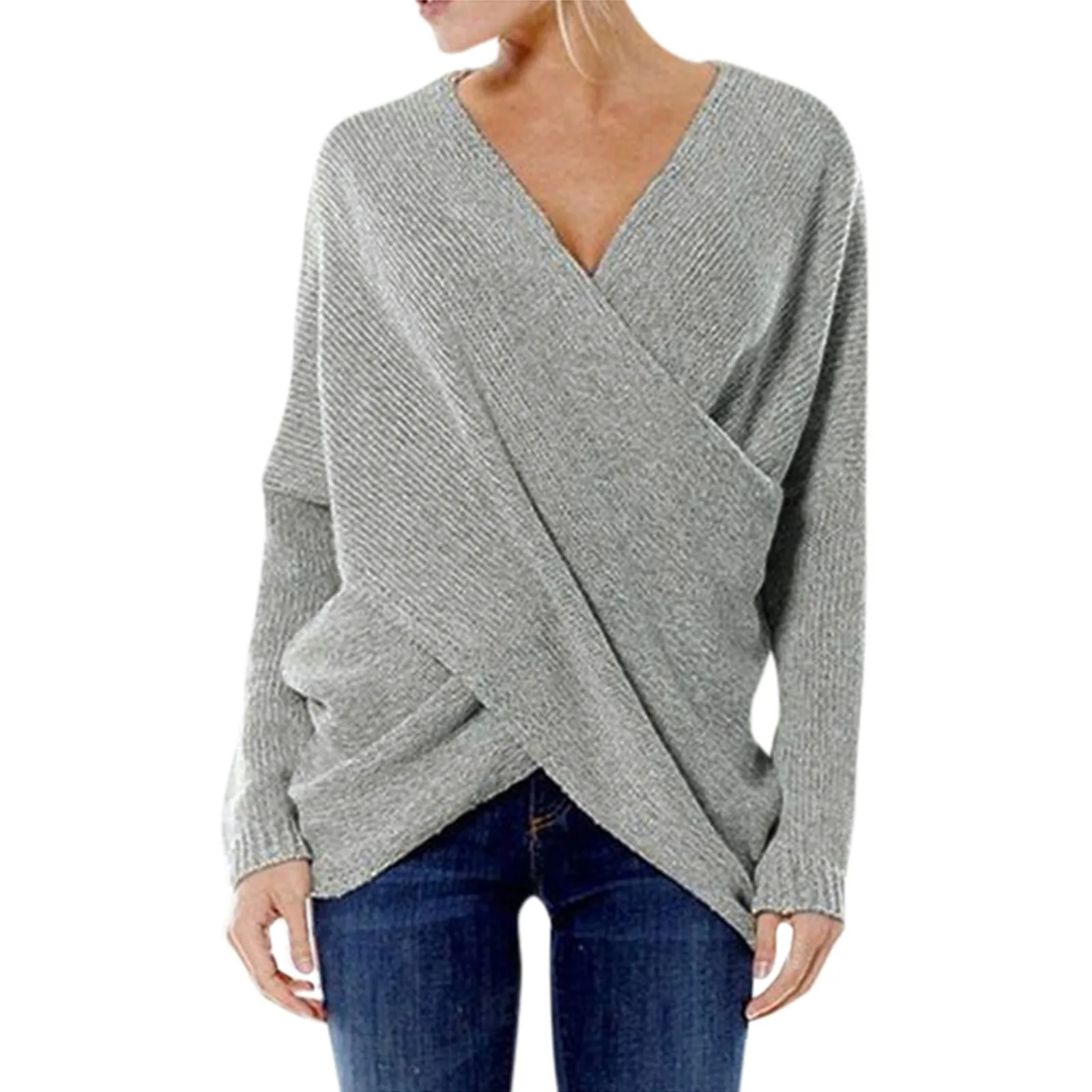 

Женский трикотажный свитер с асимметричным подолом, повседневный Однотонный пуловер свободного покроя с V-образным вырезом, в винтажном ст...
