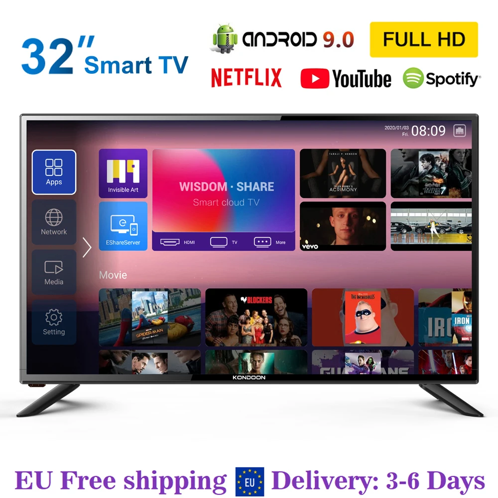 32 дюймовый LED Smart TV Android 9.0 Wi Fi FHD телевидение DVB T2/S2/C 1920*1080p Netflix YouTube Prime Video HDMI из