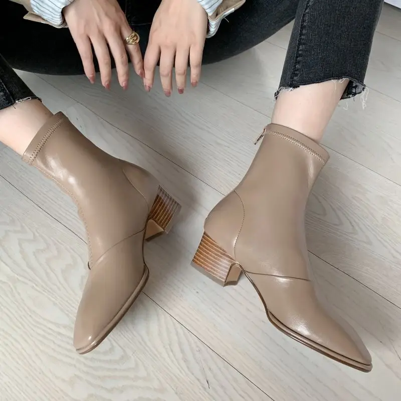 

Taoffen Women Short Boots Fashion Zipper Thick High Heel Warm Shoes Woman Winter Stretch Boot Lady Daily Footwear Size 33-40