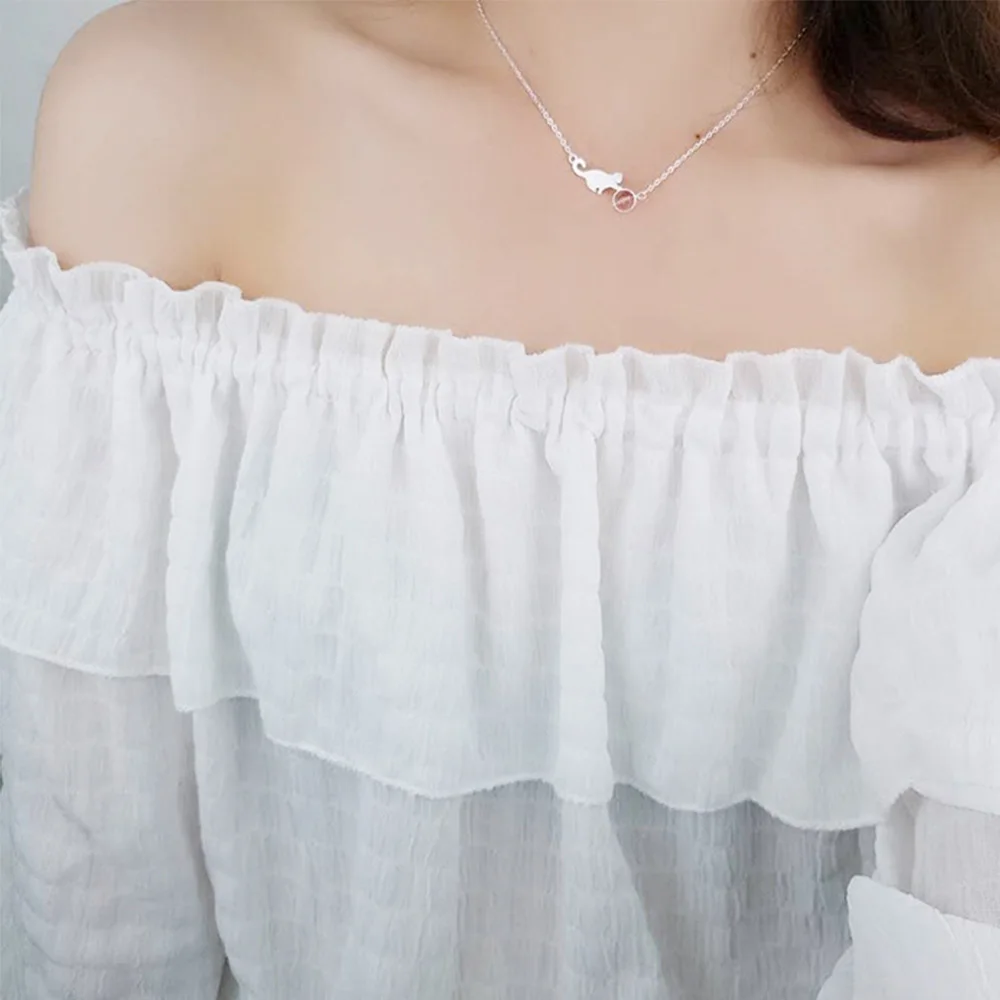 

Luxury 925 Sterling Silver Necklace Chain Cat Strawberry Crystal Pendants Link Women Wedding Party Accessory Lucky Jewelry Gift