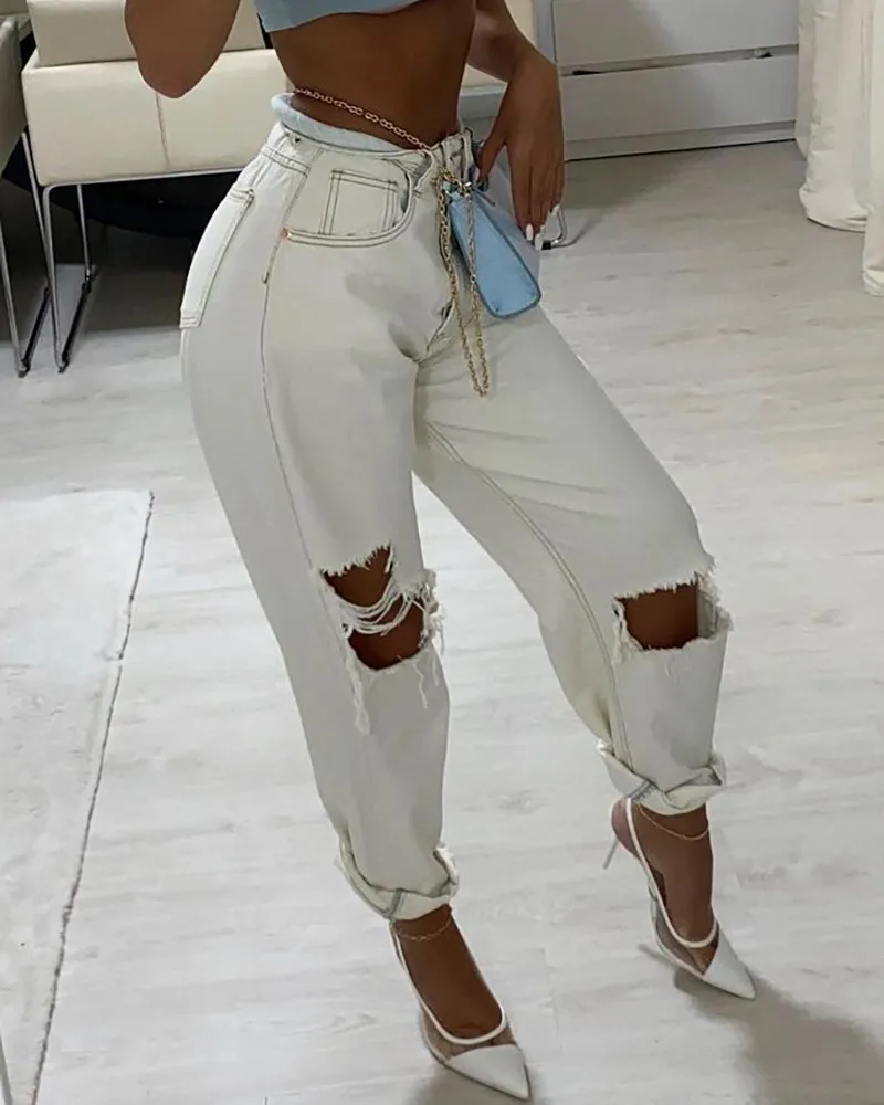 

Белые рваные джинсы, женские джинсы с вырезами, высокой талией и карманами