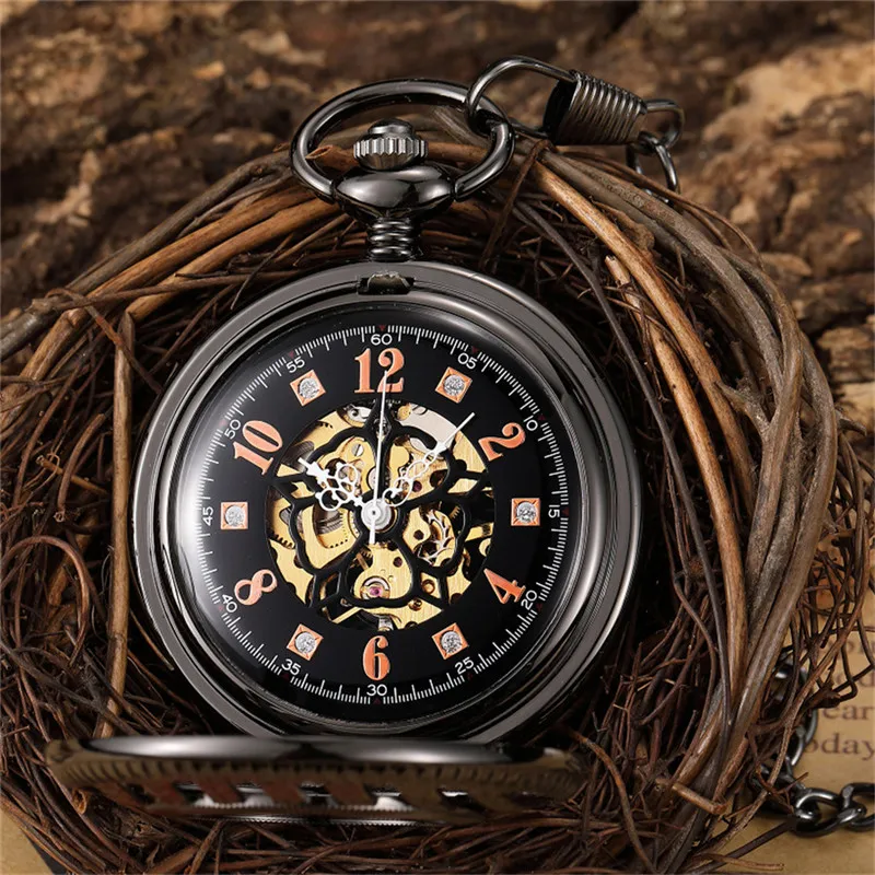 Vintage Black Hollow Skeleton Mechanical Pocket Watch Men Steampuk Hand Wind Pendant Clock Chain Arabic Numerals Dial for Gift