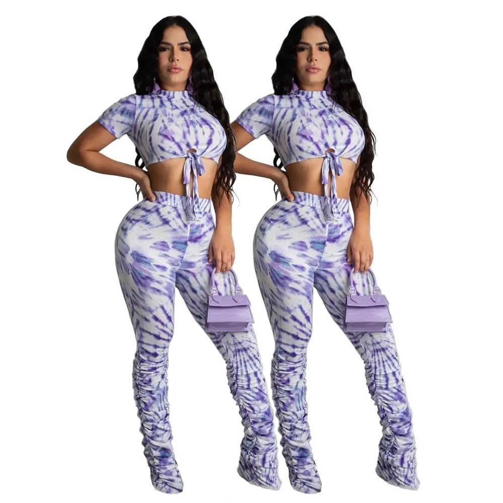 

2020 Women Set Two Pieces Sets Summer Tracksuits Short Sleeve Tie-dye Print Tops+Leggings Pants Suit Sexy Fitness Outfits