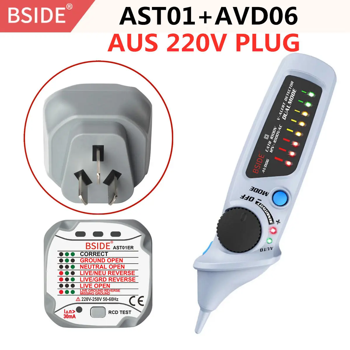 AVD06-AST01 AUS 220V BSIDE AST01 тестер розетки тестер штепсельной вилки AU автоматический детектор полярности напряжения электрической цепи настенный выключатель Finder - Цвет: AVD06-AST01 AUS 220V