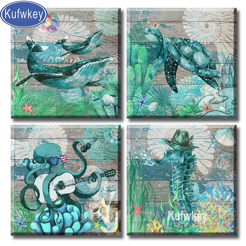 

Full Square Round Diamond Painting Whale Hippocampus Octopus Embroidery Diamond Cross Stitch 4 Pcs/set Home Decoration art,