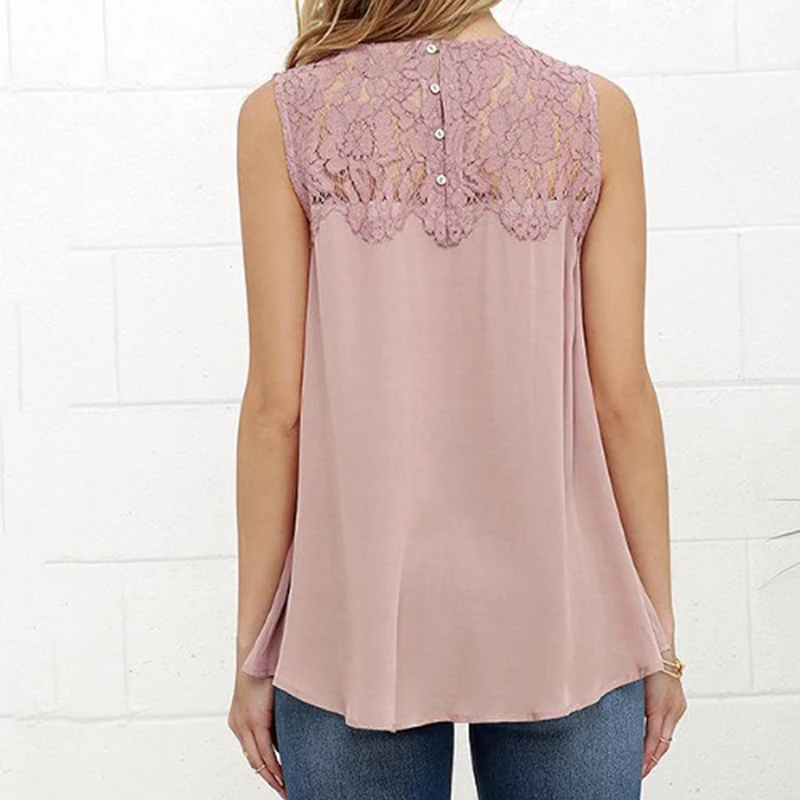 Летняя Офисная Женская рубашка Розовая белая кружевная шифоновая блузка с