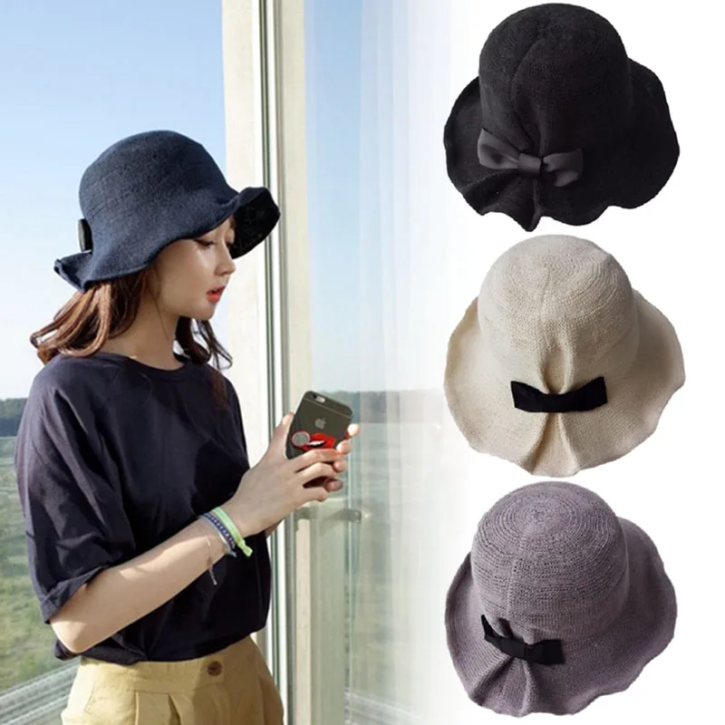 

Women's Bowknot Sun Hat Foldable Fashionable Woven Fisherman Hat Breathable Cap for Traveling Camping Picnic LXH