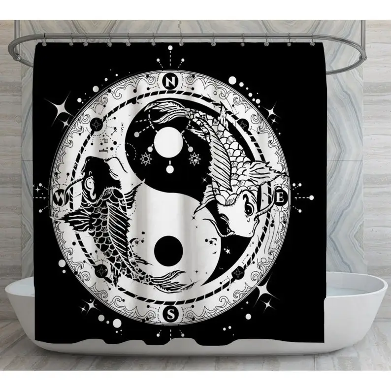 Занавески для душа Yin Yang от Ho Me Lili черно-белые карпы компас водонепроницаемые