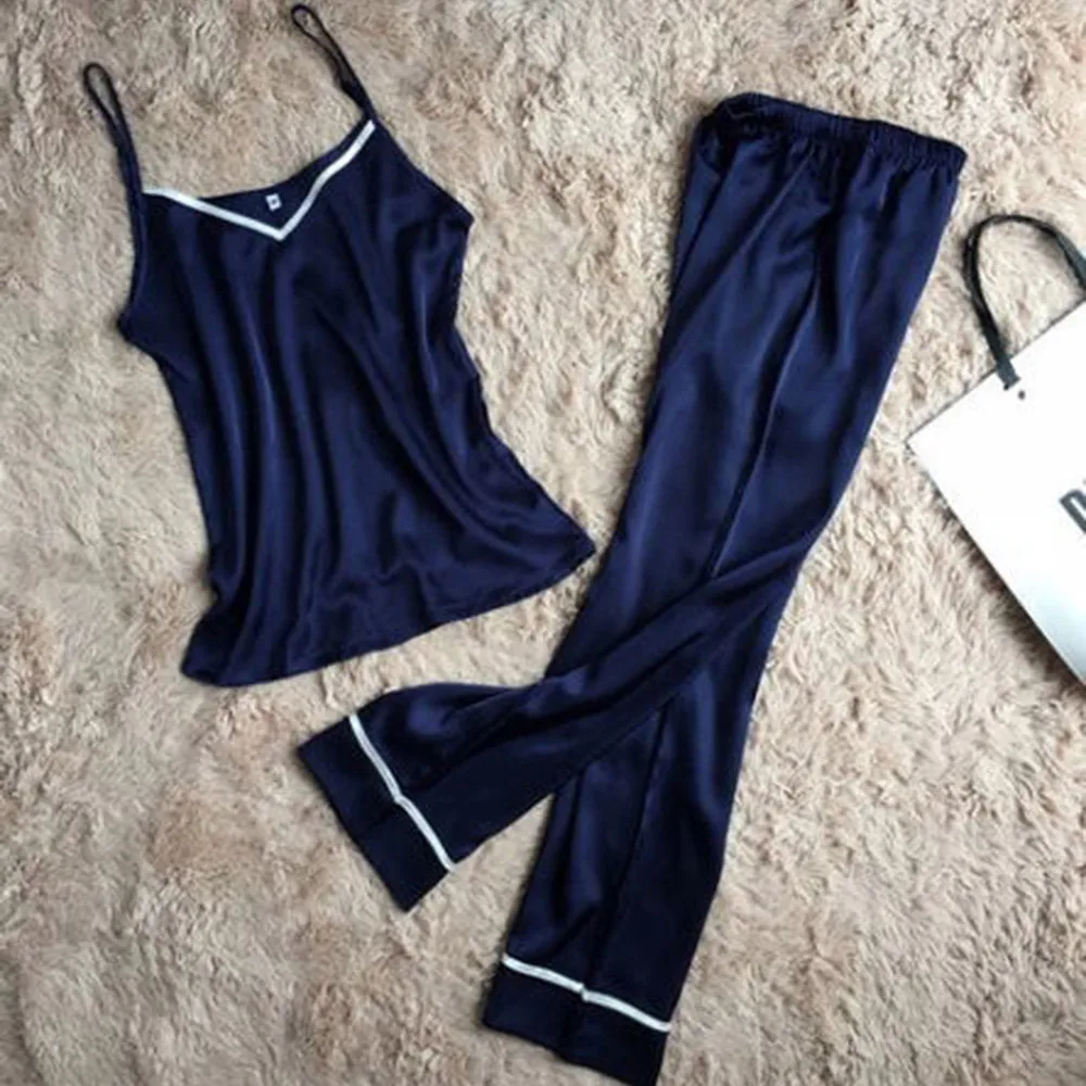 Женская шелковая атласная пижама пижамный комплект на бретельках Женский для