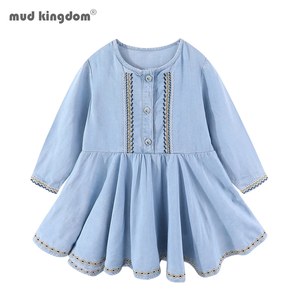 

Mudkingdom Kids Denim Dress Long Sleeve Vintage Embroidery Cute Pleated Dress for Girls Clothes