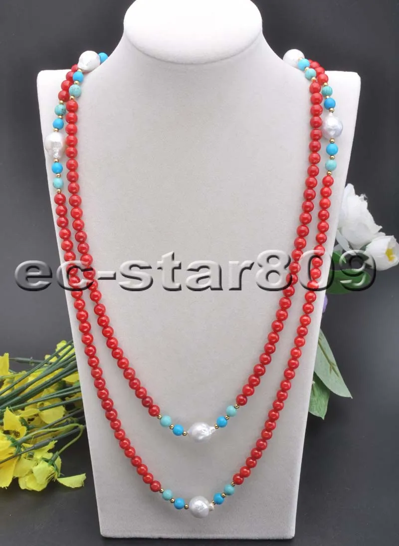 

S2120 54" Round Red Coral Blue Turquoise White Keshi Pearl Necklace