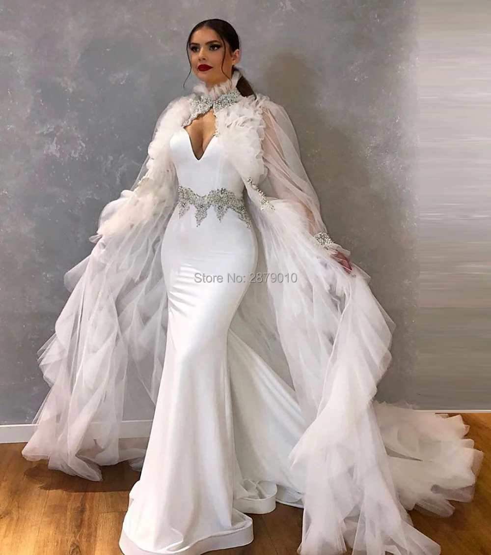 Мусульманское вечернее платье с белой накидкой Русалка V образным вырезом длиной