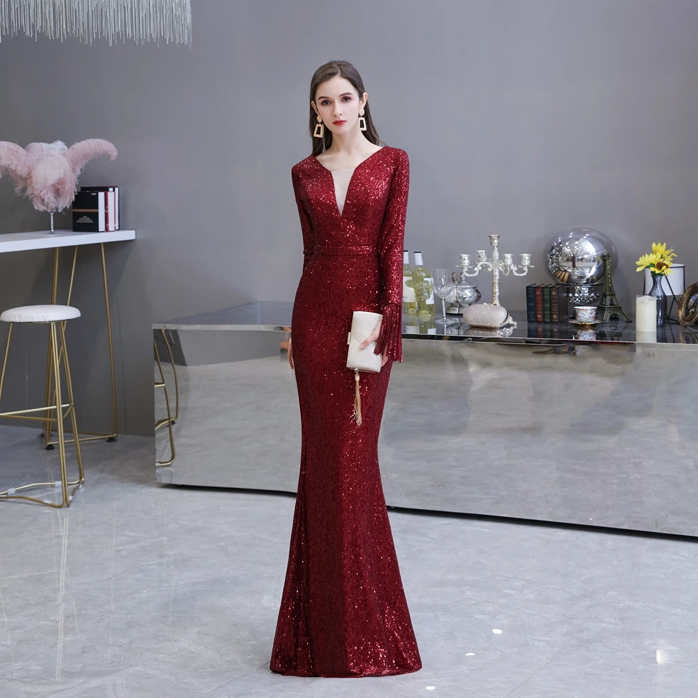 Бургундское платье для выпускного вечера 2020 V прозрачное с вырезом кисточками