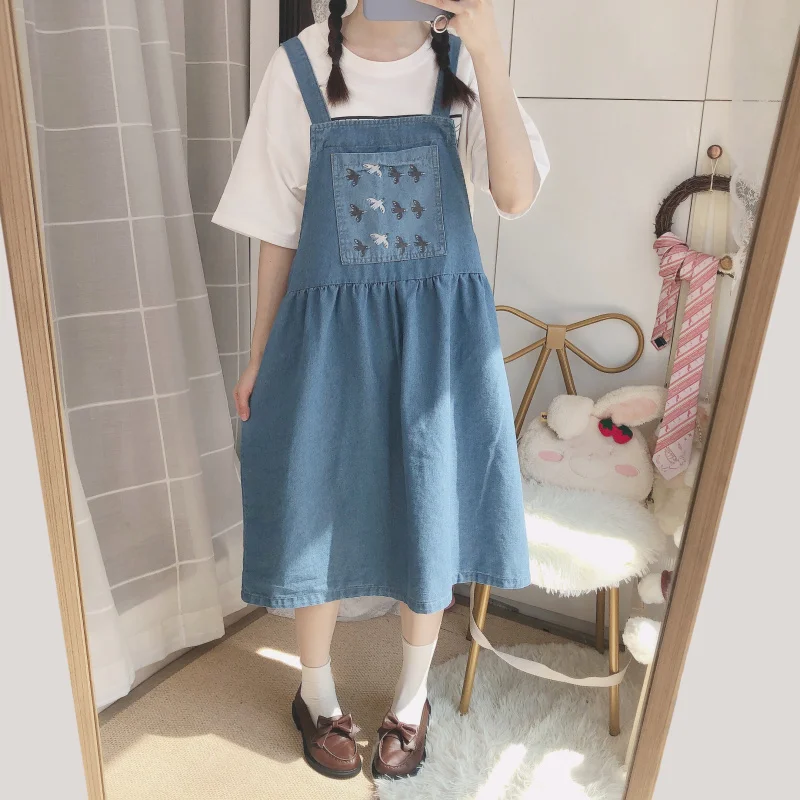

Summer new Women Japanese Soft Sister Sweet Suspender Skirt Loose Student Cute Aerial bird Embroidery Denim Skirt Preppy Style