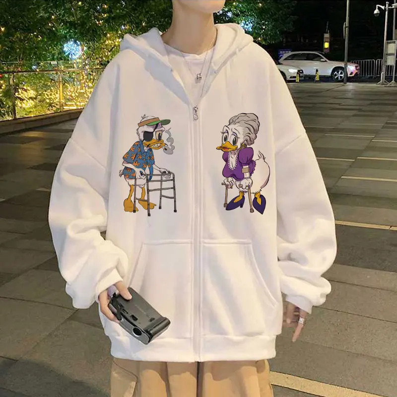 

Cartoon Zip Up Kawaii Donald Duck Print Women Disney Vintage Sweatshirts New Fashion Hoodies Long Sleeve White Autumn Clothing