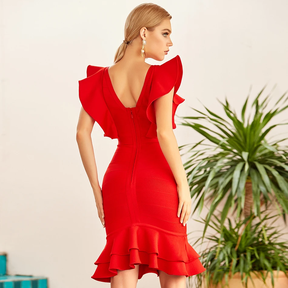

Ailigou 2021 New Summer Women Red Ruffles Bodycon Bandage Dress Sexy Sleeveless Mermaid Club Celebrity Runway Party Dress