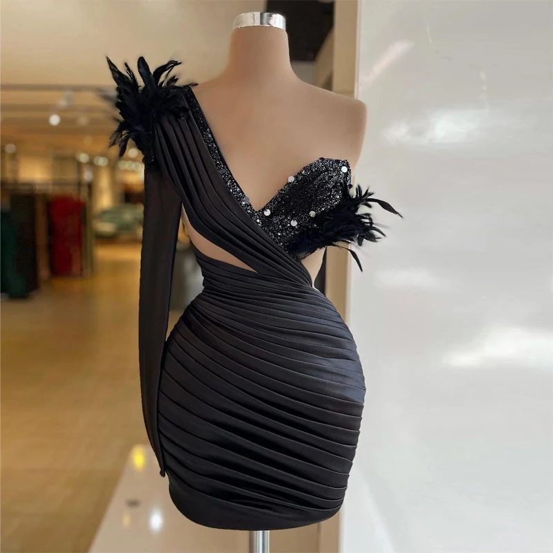 Robe de soirée asymétrique, asymétrique épaule dénudée, manches longues, paillettes scintillantes, Mini longueur, robes de Cocktail, sur mesure  (0)