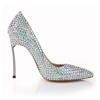 wedding shoes pointed toe high heeled colorful rhinestone wedding shoes genuine leather crystal diamonds pumps 105mm heel