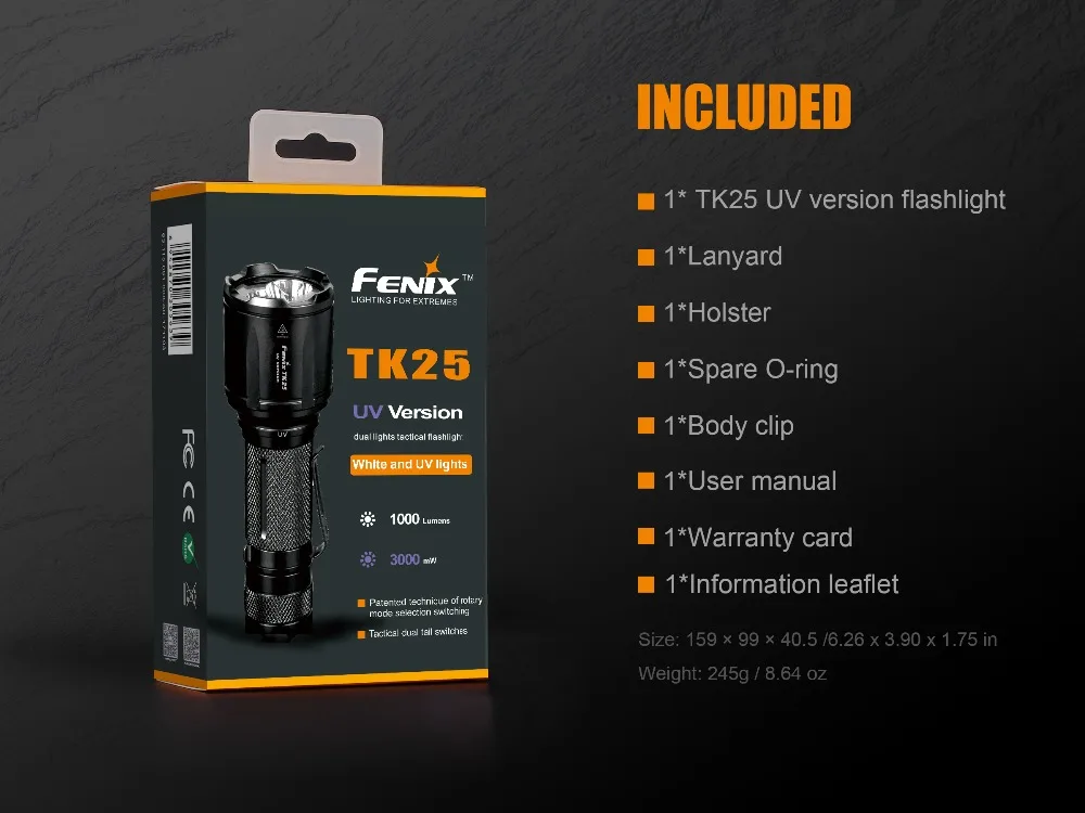 Новый Fenix TK25 УФ Cree XP G2 1000 люмен светодиодный фонарик Фонарь (белый УФ) + fenix D1