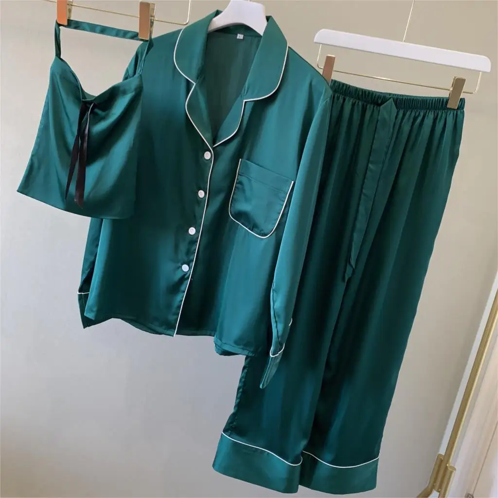 

2 Piece Summer Women Sleepwear Faux Silk Satin Pajamas Set Long Sleeve Sleepwear Pajamas Suit Female Vintage Homewear