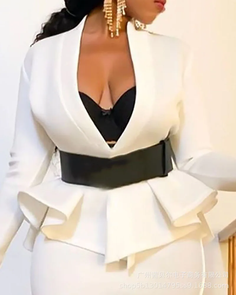 

Suit skirt 2021 new white Long Sleeve Ruffle deep V professional coat suit skirt