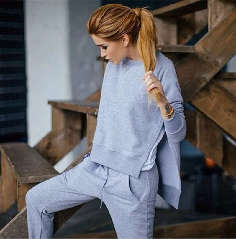 

Kalenmos Solid Color Home Casual Pant Set Round Neck Split Loose Long-sleeved Sweater Lace-up Trousers Jogger Woman Sets