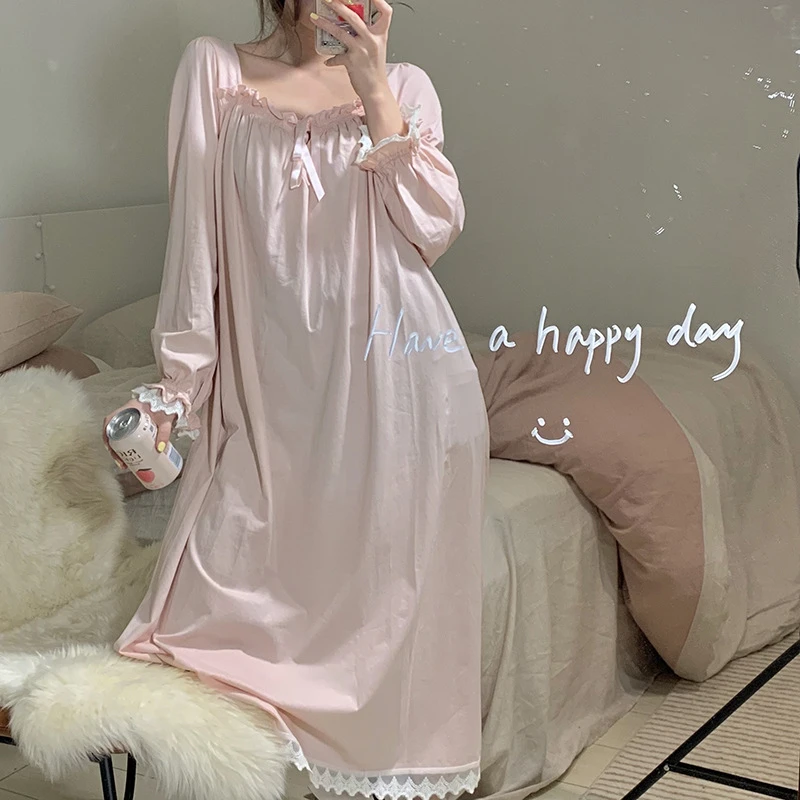 

Korean style nightdress lace stitching nightgown dress casual home service long-sleeve solid color sexy nightwear koszula nocna