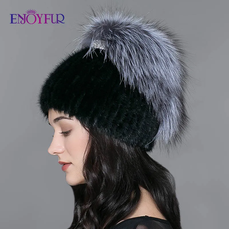 Женская вязаная русская шапка ENJOYFUR, теплая шапка бини из натурального меха норки и чернобурки на зиму