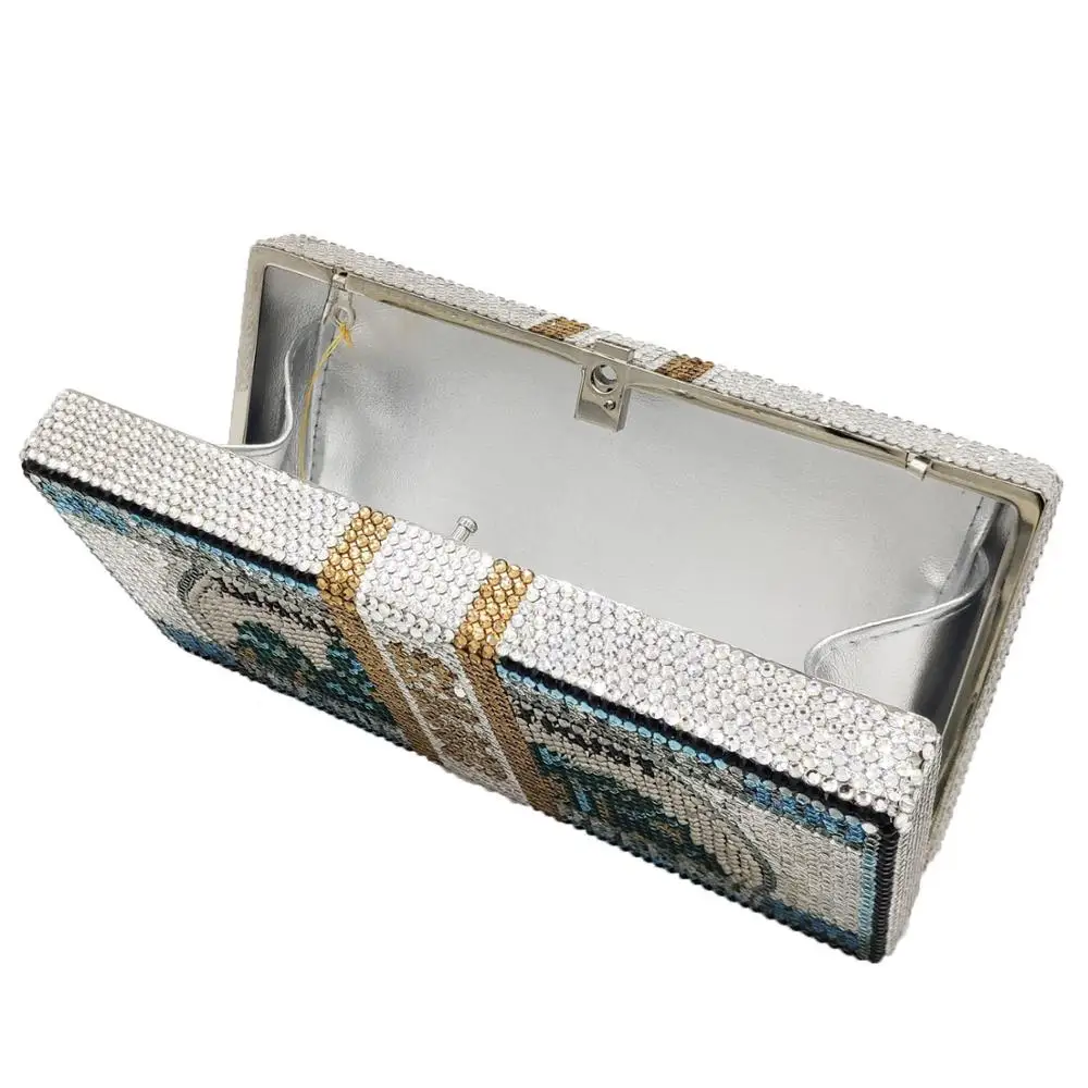 

New Arrival High Quality Blue/White Full Diamond Money Crystal Clutch High-End Womens US Dollar $1000 Rhinestone Party Purse