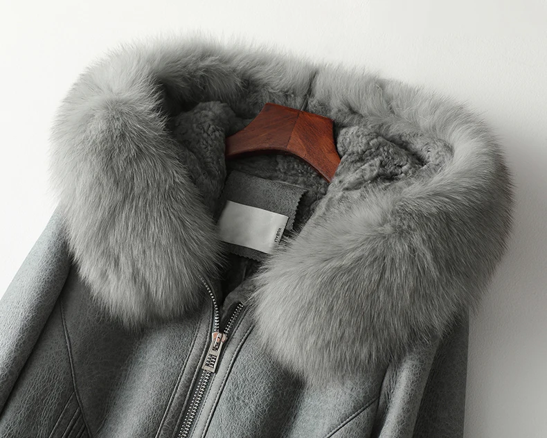 New Arrival Real Sheepskin Lady Coat With Fox Fur Collar With Long Sleeve Zipper Elegent Style Thick Warm Fur