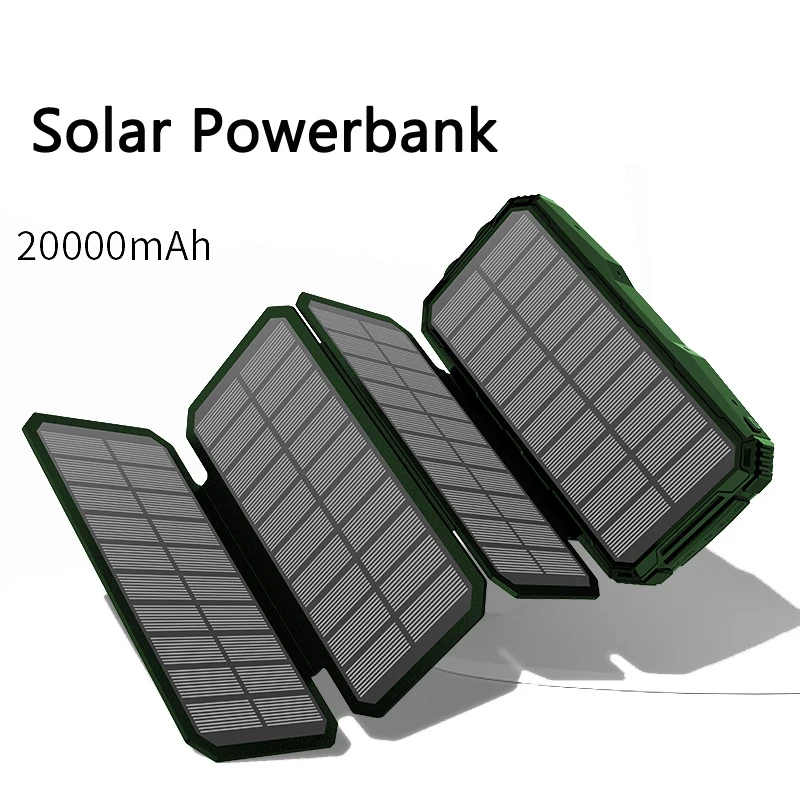 Solar Power Bank для Xiaomi iPhone 11 20000 с зарядным устройством внешнего аккумулятора 2 портами