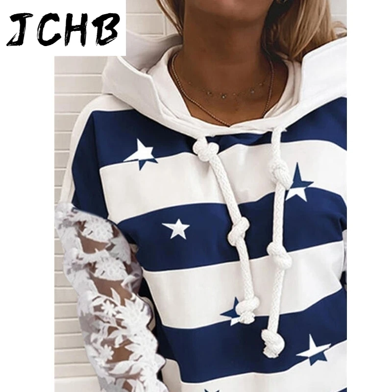 

Print Striped Hoodies Women Autumn Winter Casual Lace Patchwork Long Sleeve Drawstring Loose Hooded Sweatshirt Lady Pullover Top