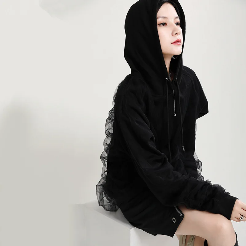 

Women Hoodies Casual Patchwork Lace Loose Drawstring Sweatshirt Long Sleeve Hooded 2021 Autumn Female Pullovers