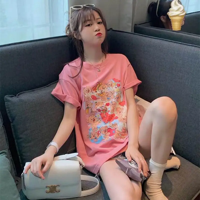 

Хлопковая футболка с коротким рукавом для женщин, новинка 2020, летние свободные корейские модные футболки с графическим рисунком, футболка в...