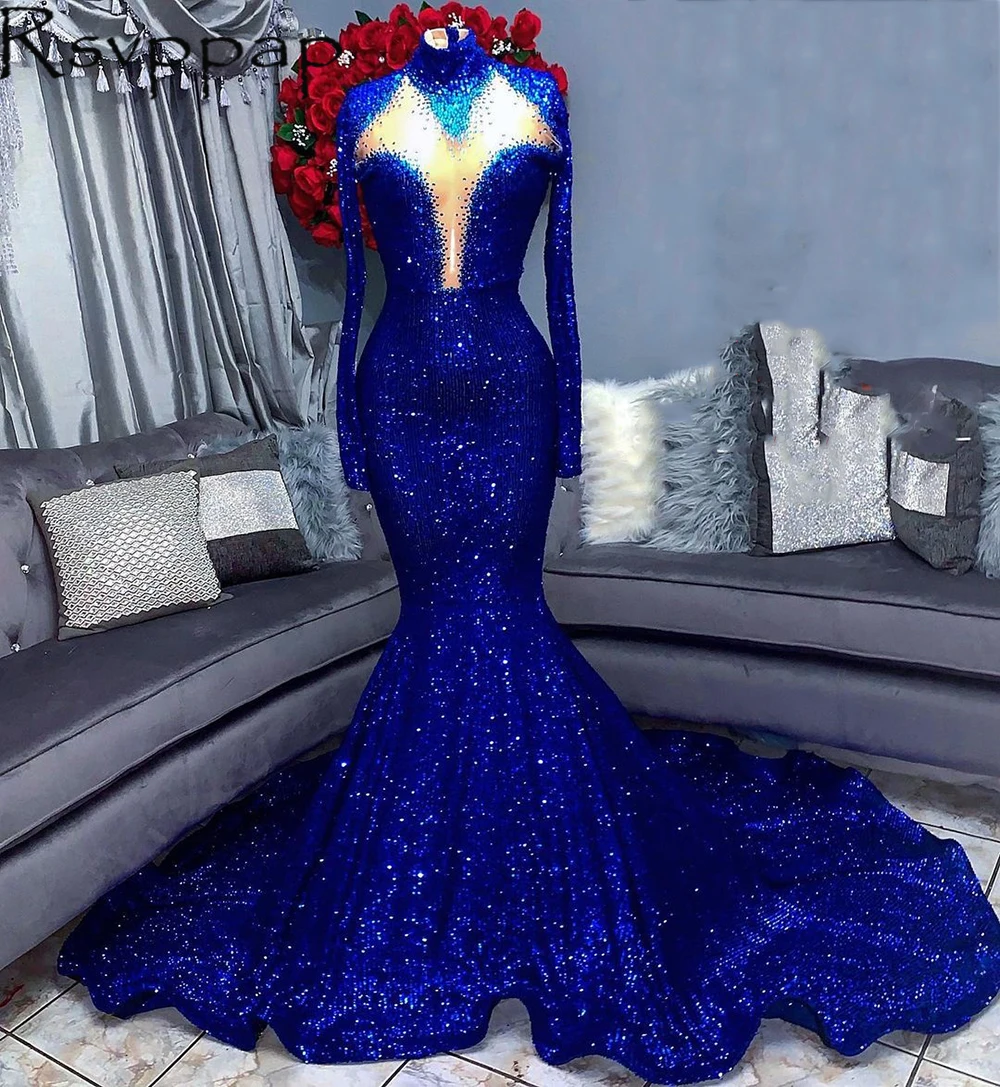 

Royal Blue Mermaid Long Prom Dresses 2021 African Black Girl Designed Beaded Sheer Front Sparkly Sequin Long Sleeves Prom Dress